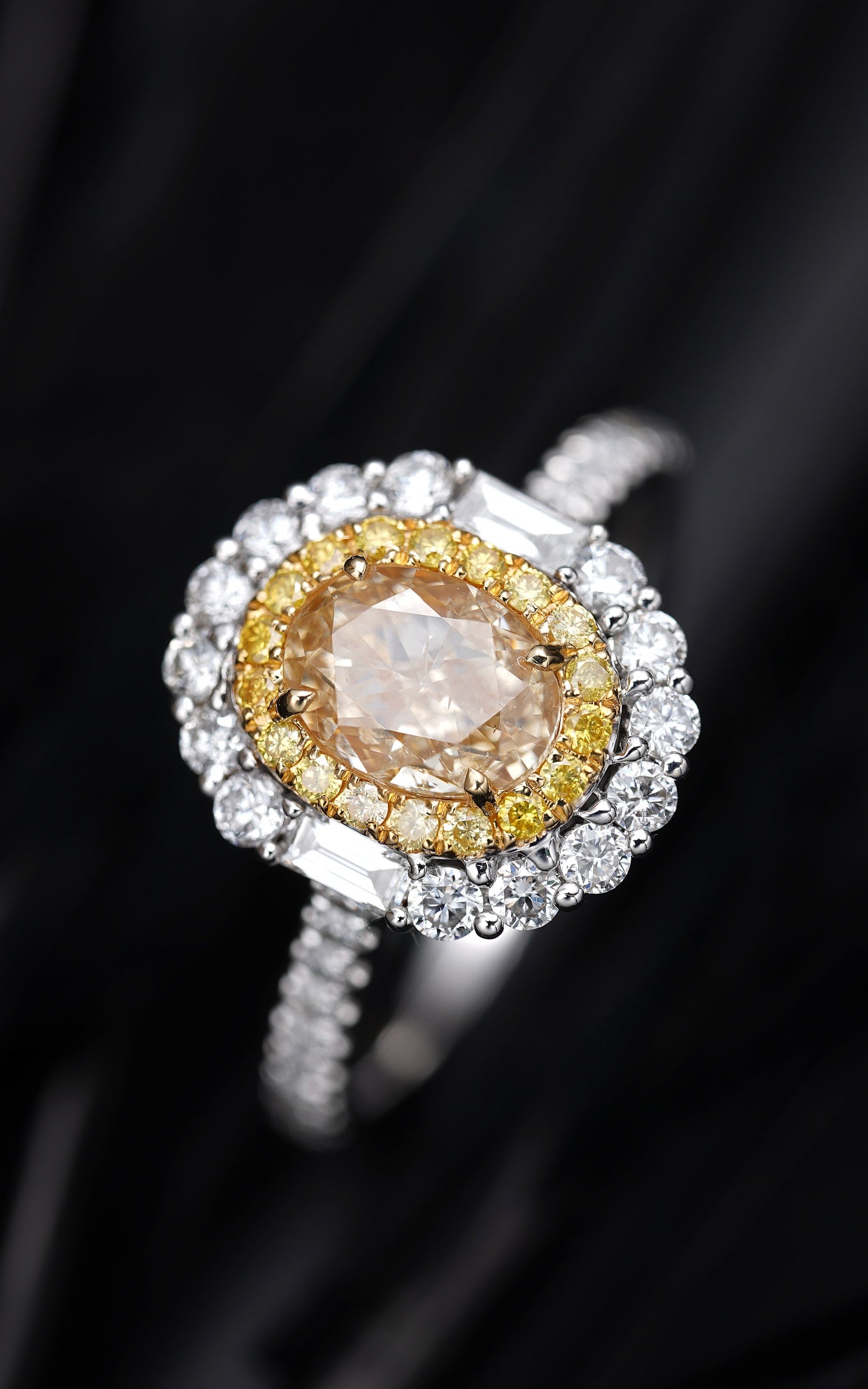 Elegant Oval Shape Diamond Ring with Surrounding Stones - Premium Jewelry - Yellow Diamond Ring