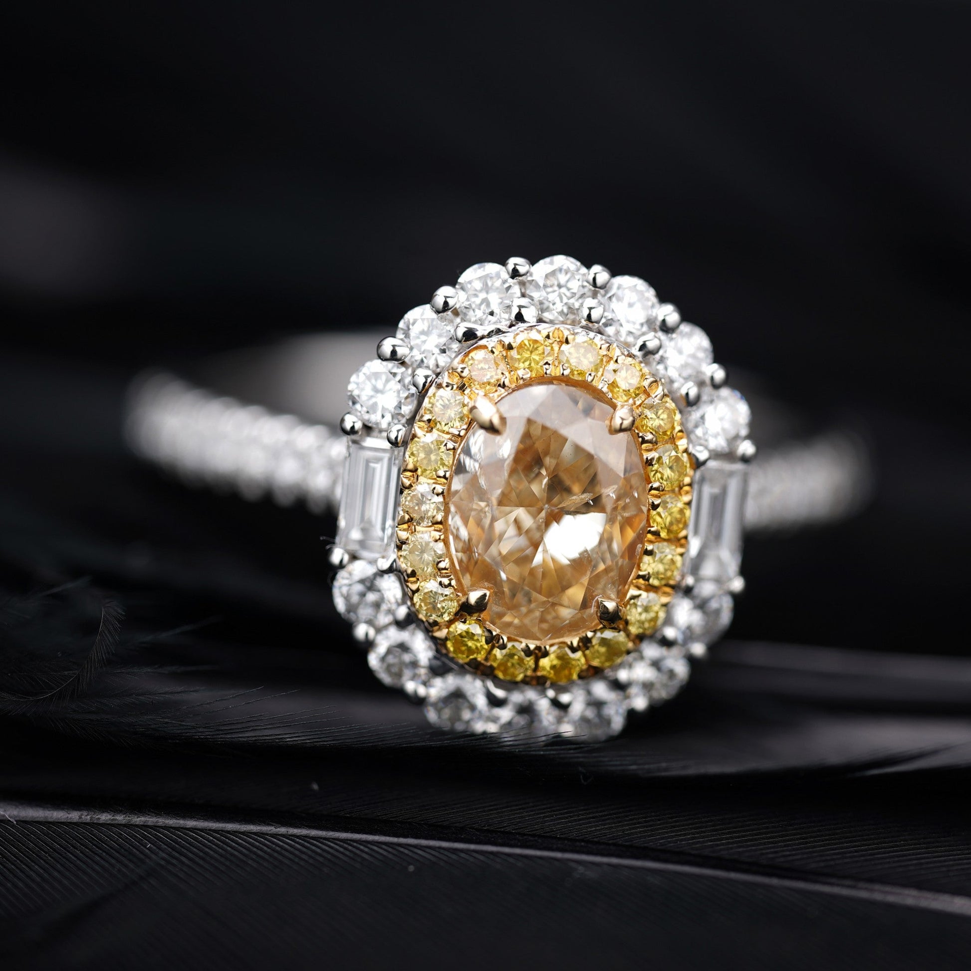 Elegant Oval Shape Diamond Ring with Surrounding Stones - Premium Jewelry - Yellow Diamond Ring