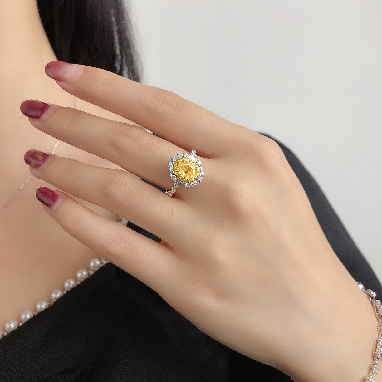 Elegant Oval Shape Diamond Ring with Surrounding Stones - Premium Jewelry - Yellow Diamond Ring