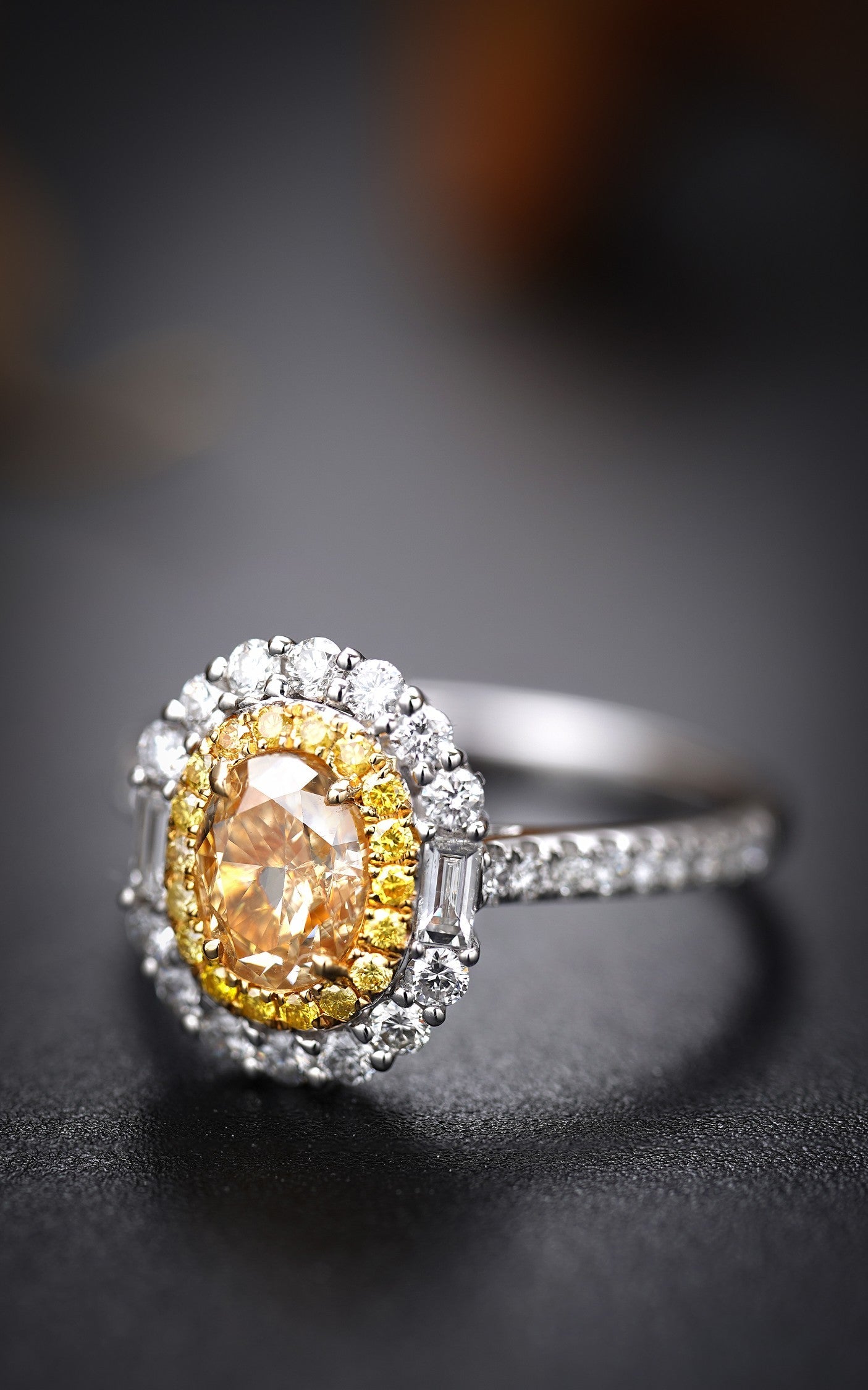 Elegant Oval Shape Diamond Ring with Surrounding Stones - Premium Jewelry - Yellow Diamond Ring