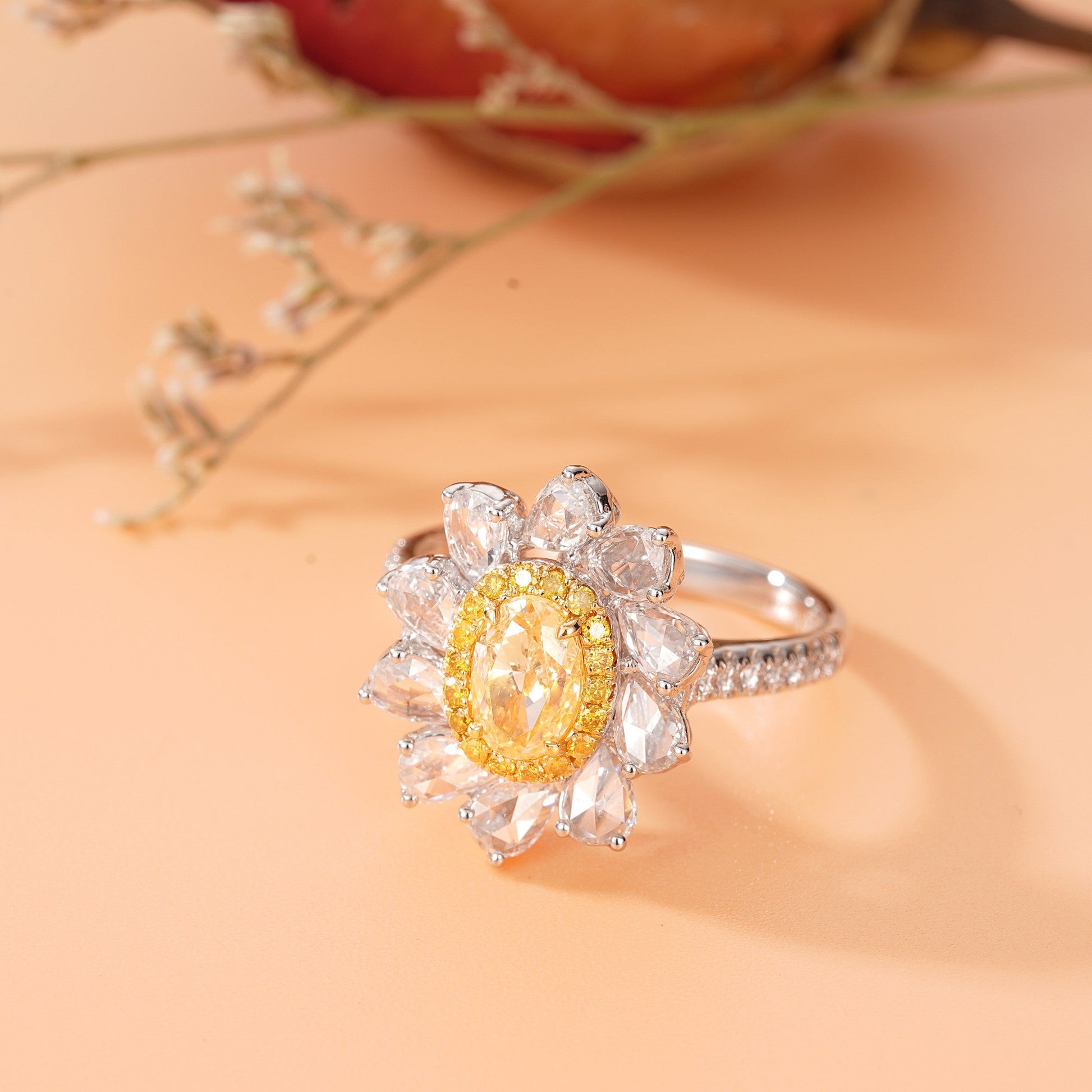 Elegant Yellow Diamond Oval Rose Drop Ring - Fine Jewelry Collection - Yellow Diamond Ring