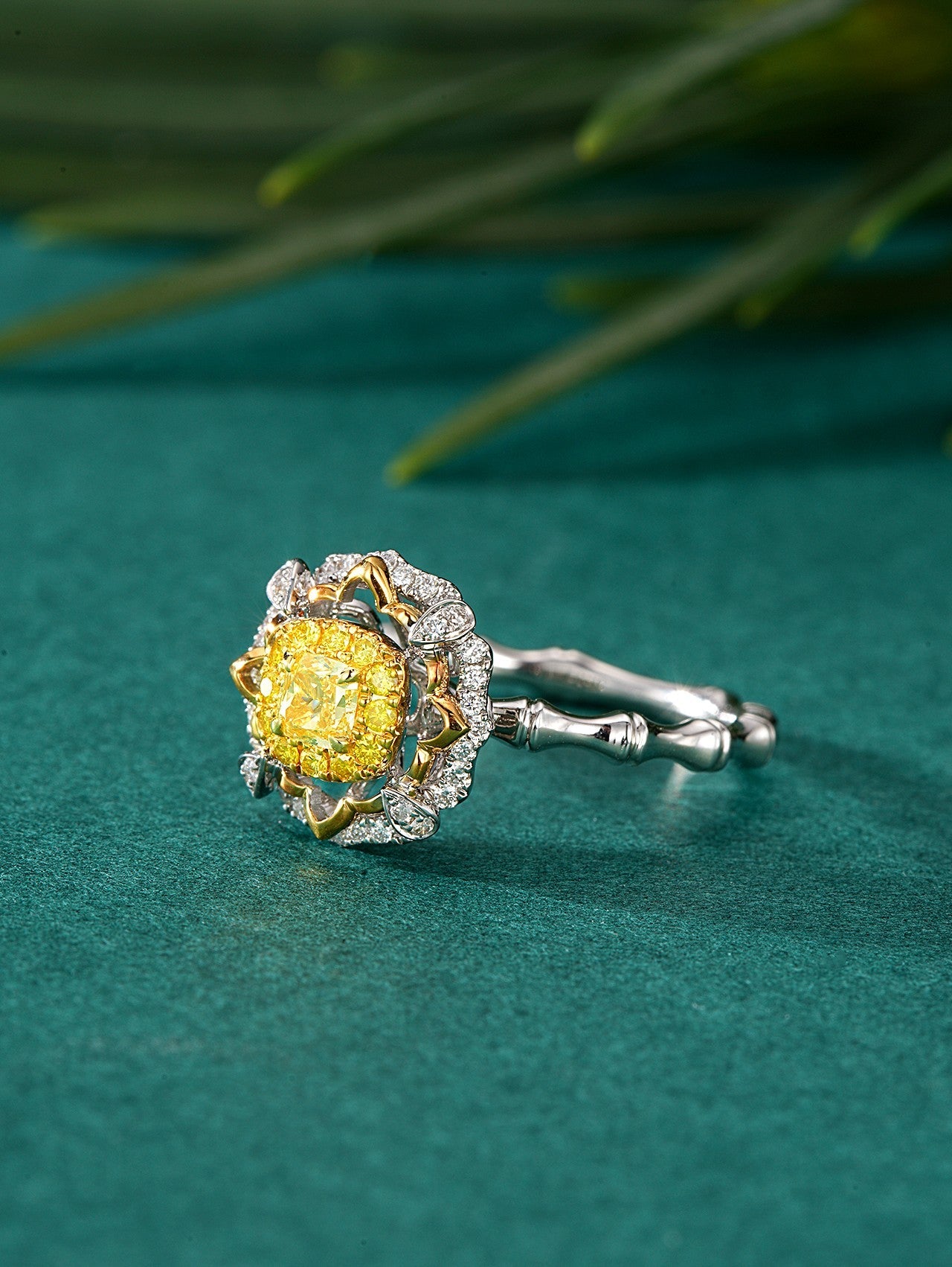 Elegant Yellow Diamond Round Flower Bamboo Ring - Fine Jewelry - Yellow Diamond Ring