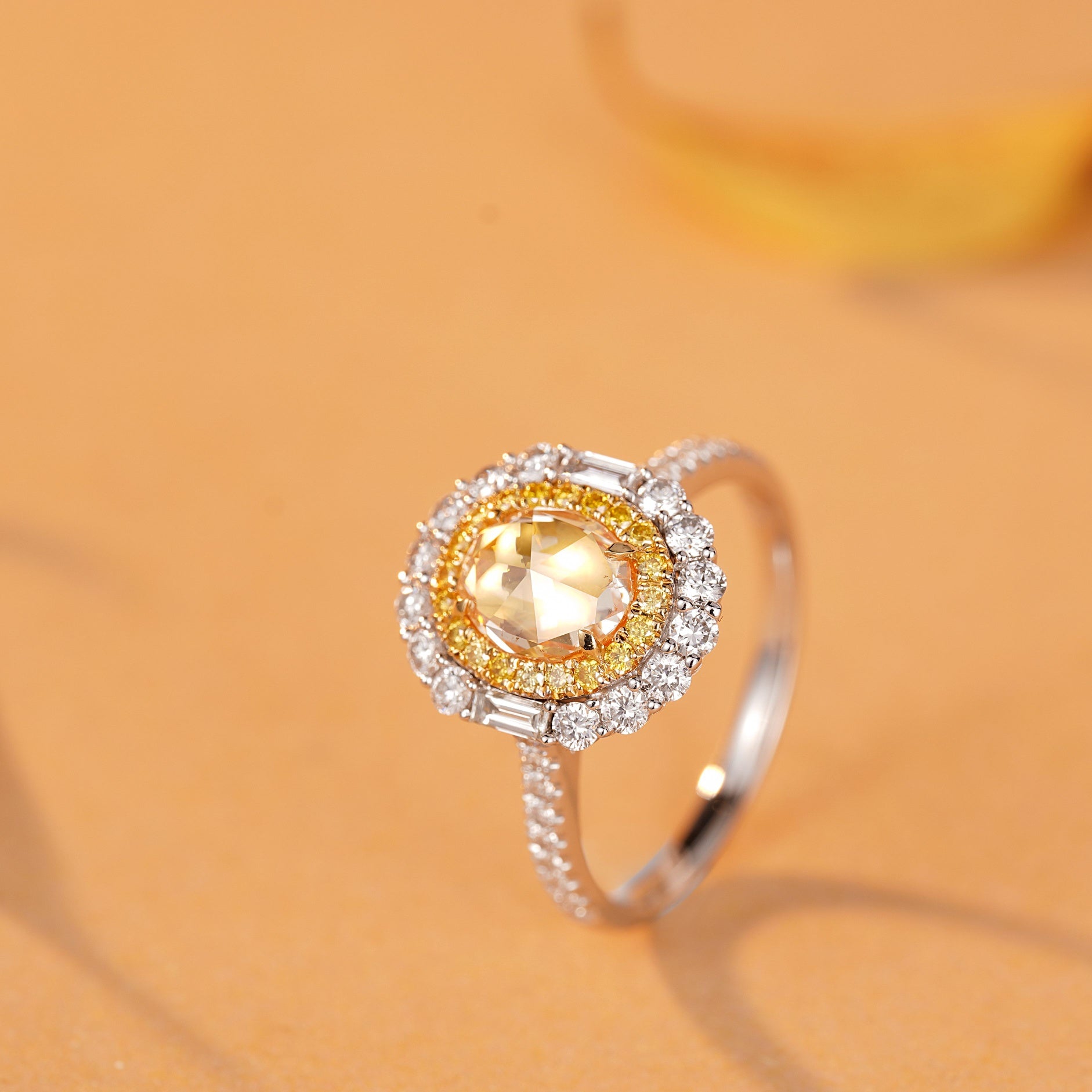 Elliptical Diamond Ring with Central 1.00ct Yellow Diamond - Luxury Jewelry - Yellow Diamond Ring