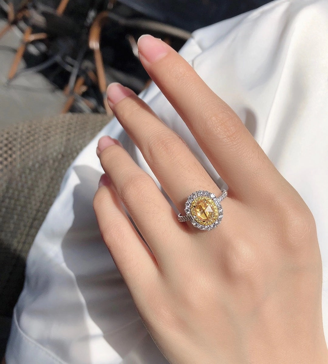 Elliptical Diamond Ring with Central 1.00ct Yellow Diamond - Luxury Jewelry - Yellow Diamond Ring