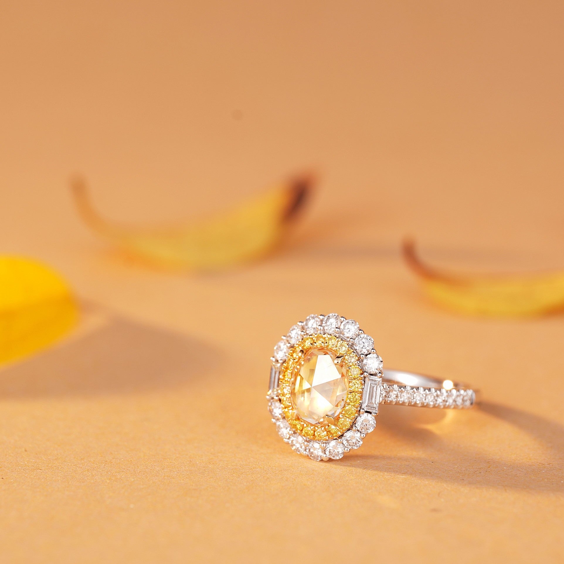 Elliptical Diamond Ring with Central 1.00ct Yellow Diamond - Luxury Jewelry - Yellow Diamond Ring