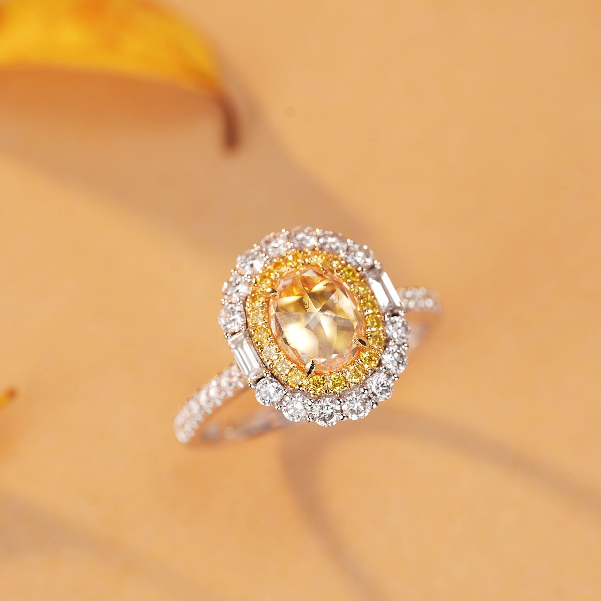 Elliptical Diamond Ring with Central 1.00ct Yellow Diamond - Luxury Jewelry - Yellow Diamond Ring