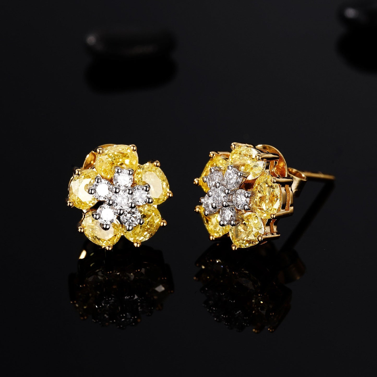 Elliptical Flower Stud Earrings with Yellow Diamond - Luxury Jewelry Jeweler.Jewelry