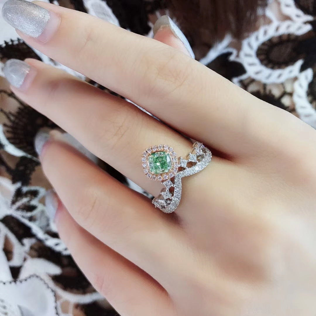 Emerald Cut Crown Ring with Diamond Accent - Unique Jewelry Piece - Green Diamond Ring