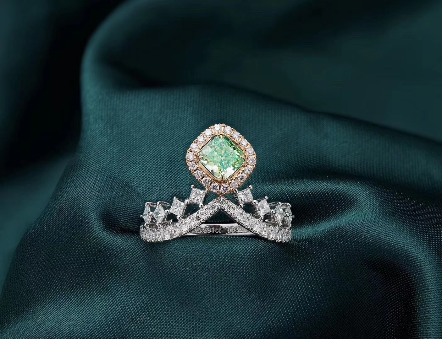 Emerald Cut Crown Ring with Diamond Accent - Unique Jewelry Piece - Green Diamond Ring