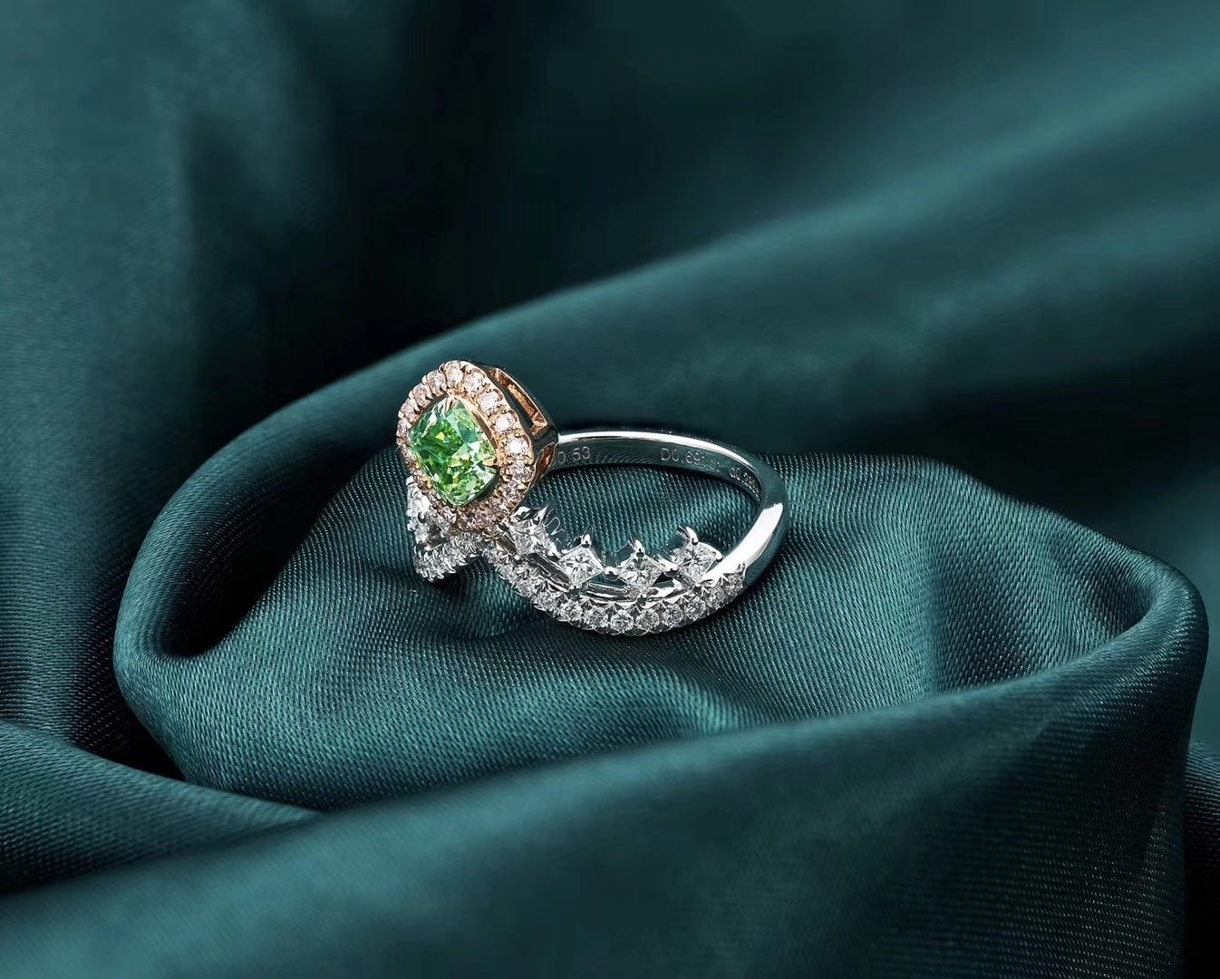 Emerald Cut Crown Ring with Diamond Accent - Unique Jewelry Piece - Green Diamond Ring