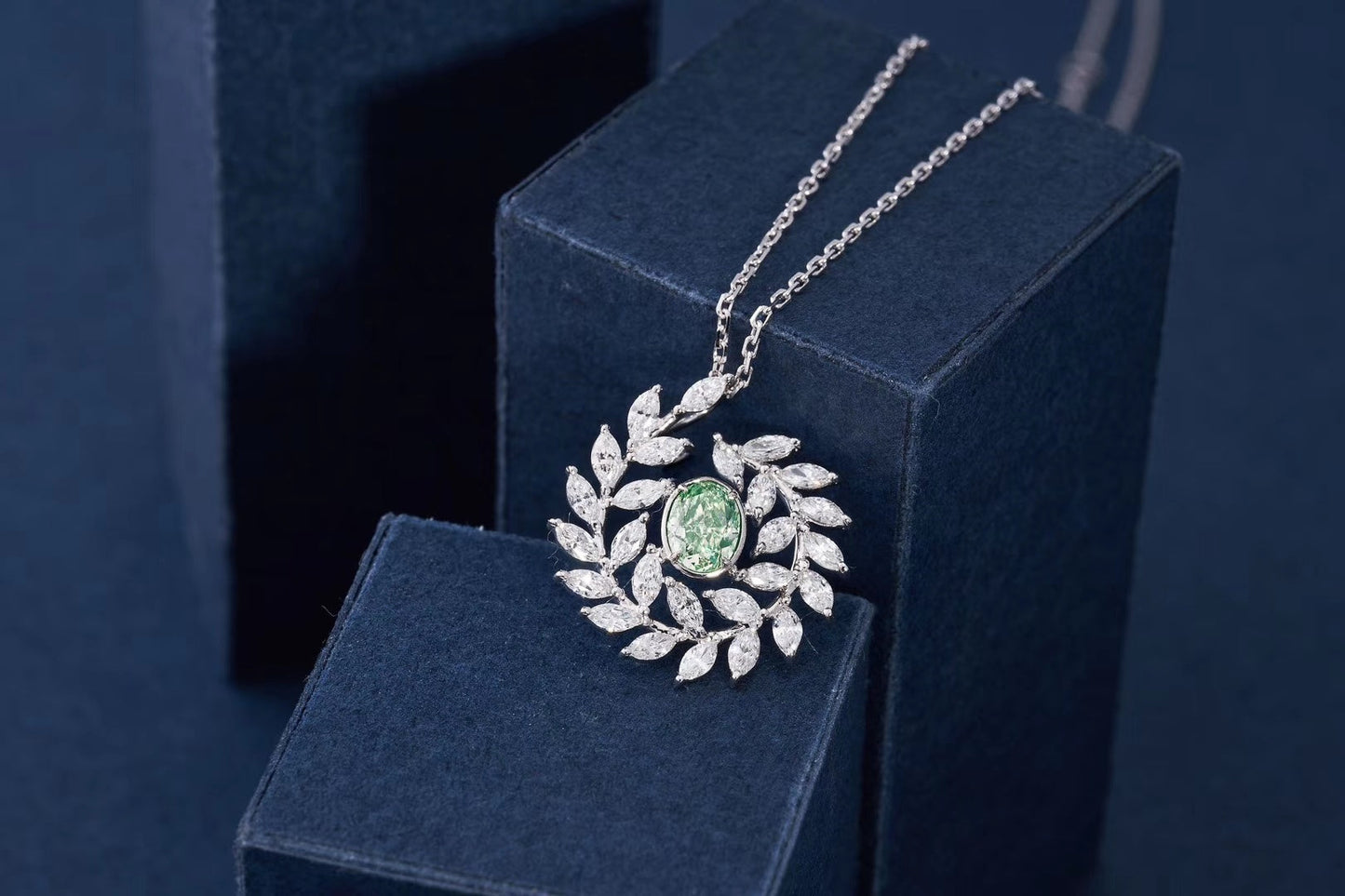 Emerald-Cut Diamond Pendant with Olive Branch Design - Premium Jewelry - Green Diamond Pendant