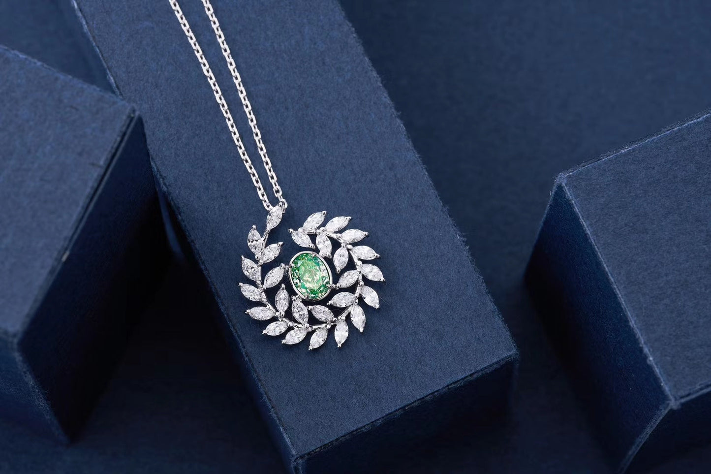 Emerald-Cut Diamond Pendant with Olive Branch Design - Premium Jewelry - Green Diamond Pendant