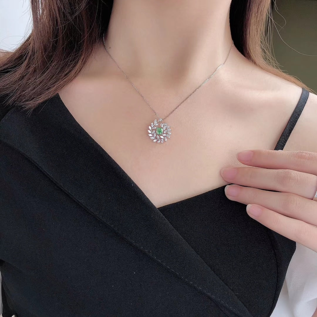 Emerald-Cut Diamond Pendant with Olive Branch Design – Premium Jewelry - Green Diamond Pendant