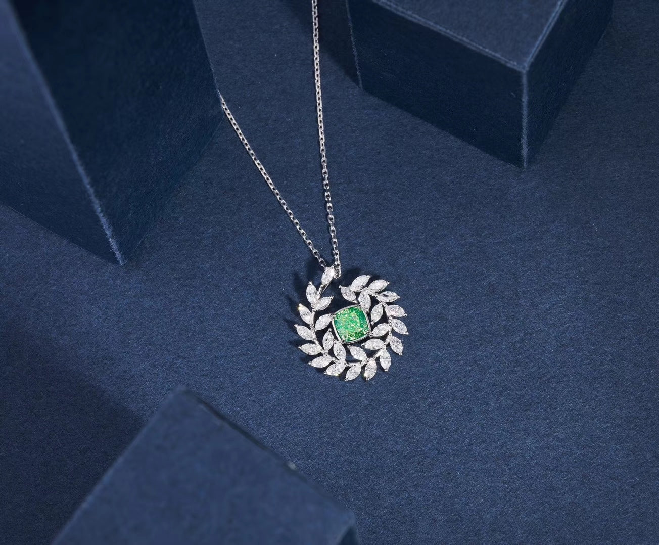 Emerald-Cut Diamond Pendant with Olive Branch Design – Premium Jewelry - Green Diamond Pendant