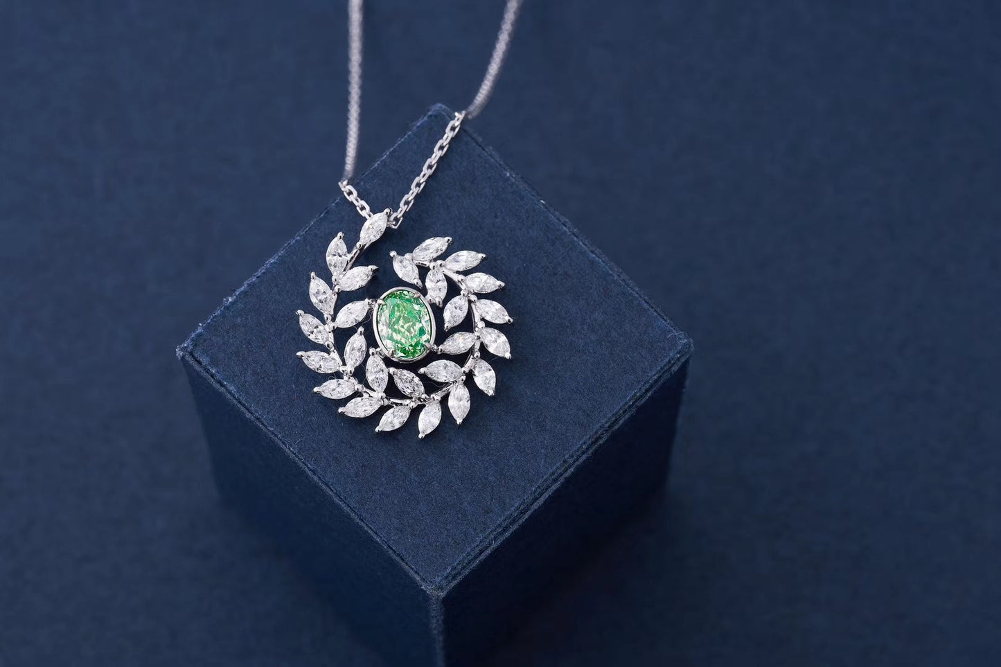 Emerald-Cut Diamond Pendant with Olive Branch Design - Premium Jewelry - Green Diamond Pendant