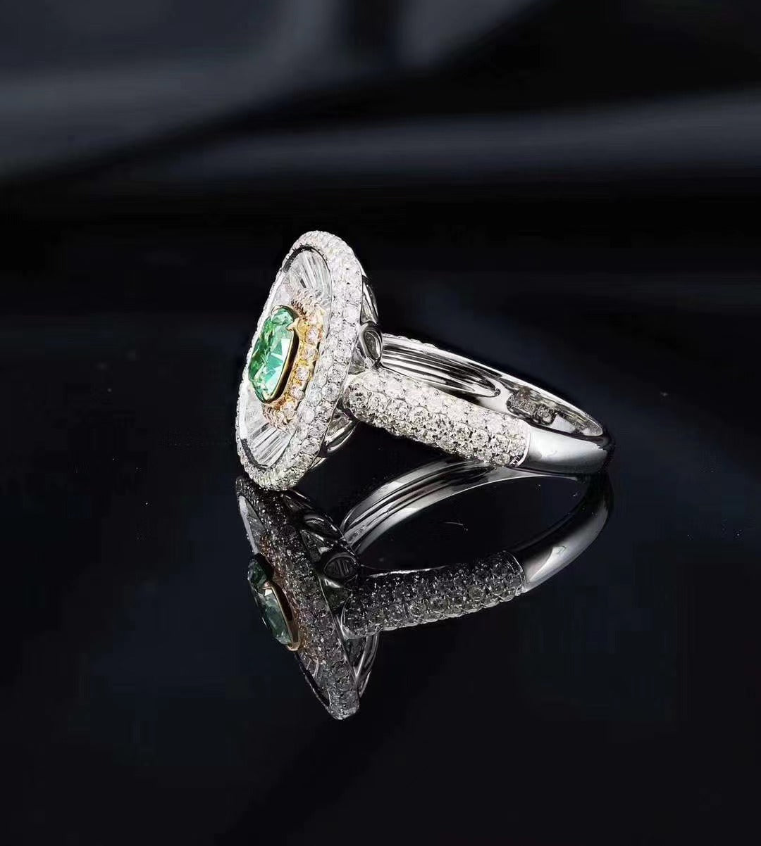 Emerald-Cut Diamond Ring with Green Diamond Centerpiece - Luxury Jewelry - Green Diamond Ring