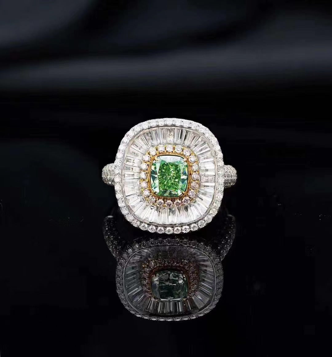 Emerald-Cut Diamond Ring with Green Diamond Centerpiece - Luxury Jewelry - Green Diamond Ring