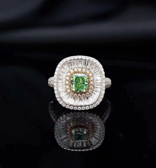 Emerald-Cut Diamond Ring with Green Diamond Centerpiece - Luxury Jewelry - Green Diamond Ring