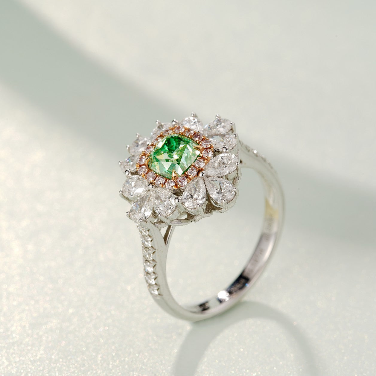 Emerald Cut Diamond Ring with Surrounding Green Diamonds - Luxurious Jewelry - Green Diamond Ring