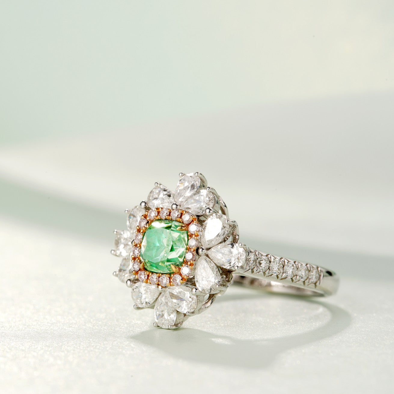 Emerald Cut Diamond Ring with Surrounding Green Diamonds - Luxurious Jewelry - Green Diamond Ring