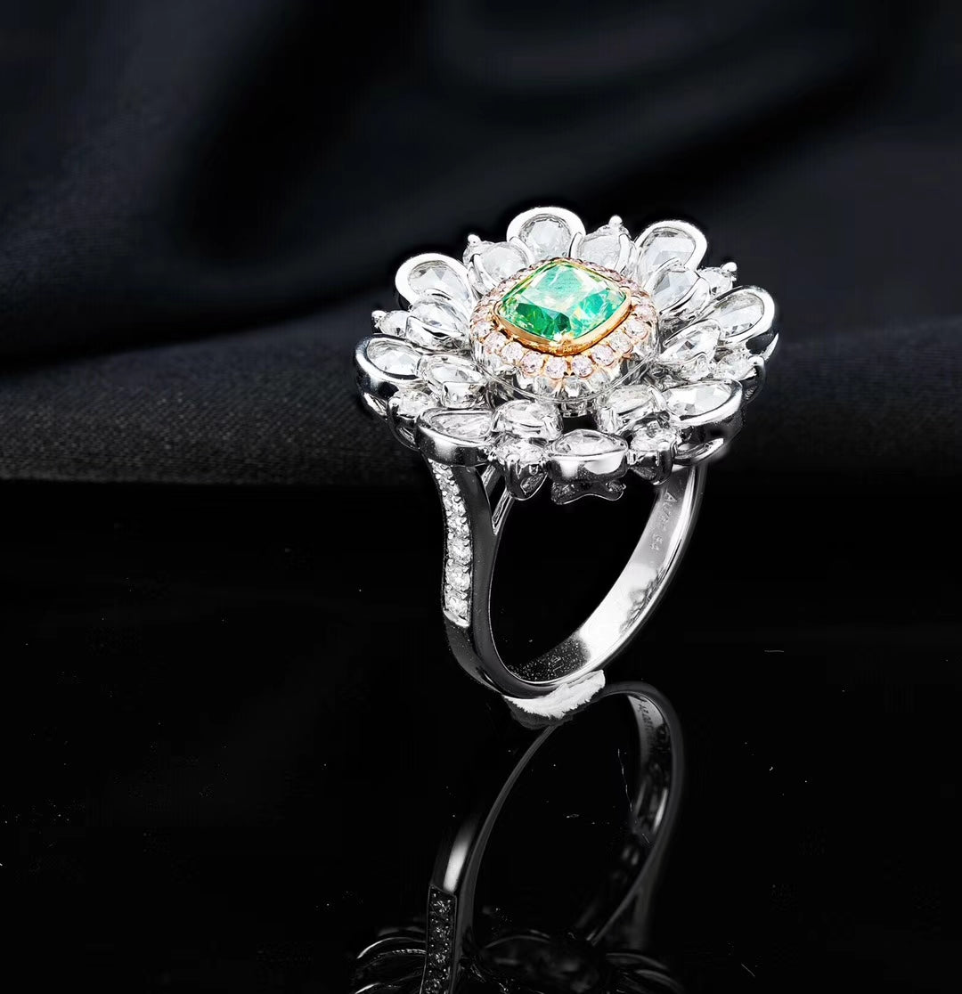 Emerald-Cut Diamond Rose Ring - Luxurious Jewelry Piece - Green Diamond Ring