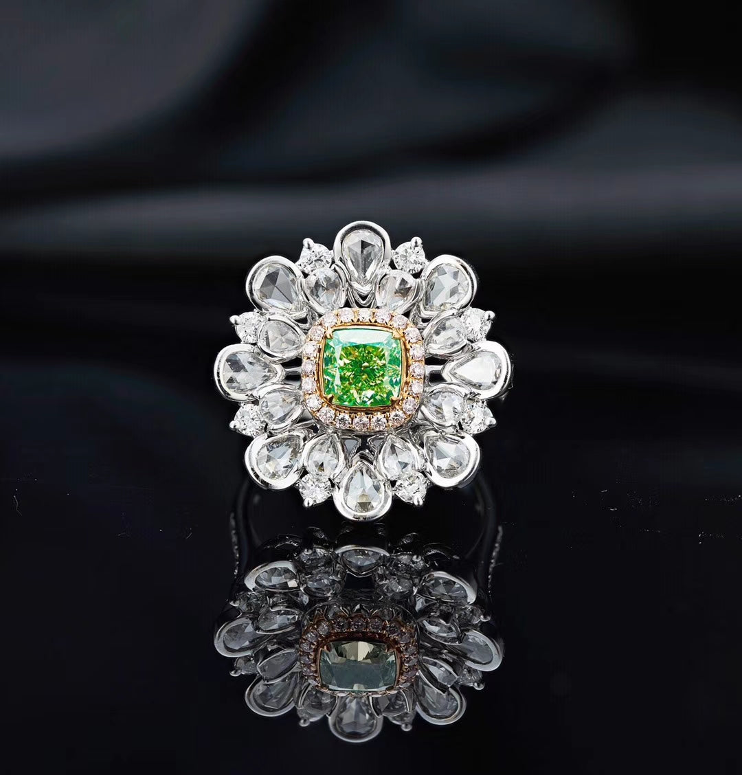 Emerald-Cut Diamond Rose Ring - Luxurious Jewelry Piece - Green Diamond Ring