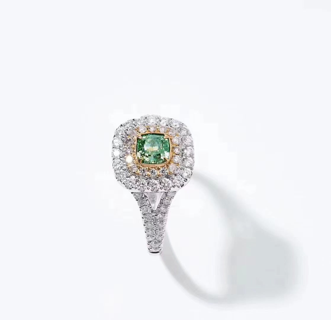 Emerald Cut Diamond Y-Arm Round Diamond Ring with CTI Certificate - Luxury Jewelry - Green Diamond Ring