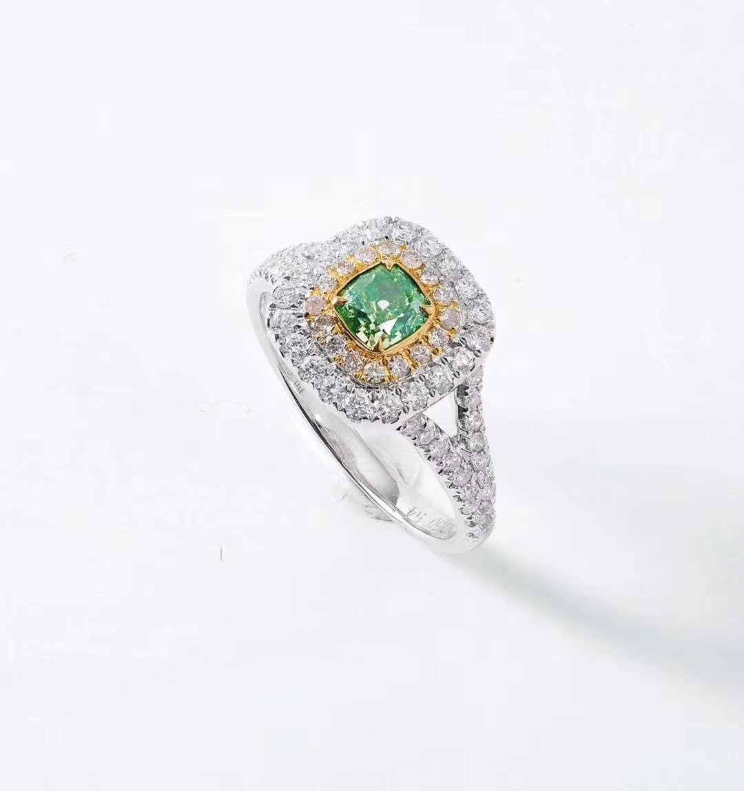 Emerald Cut Diamond Y-Arm Round Diamond Ring with CTI Certificate - Luxury Jewelry - Green Diamond Ring