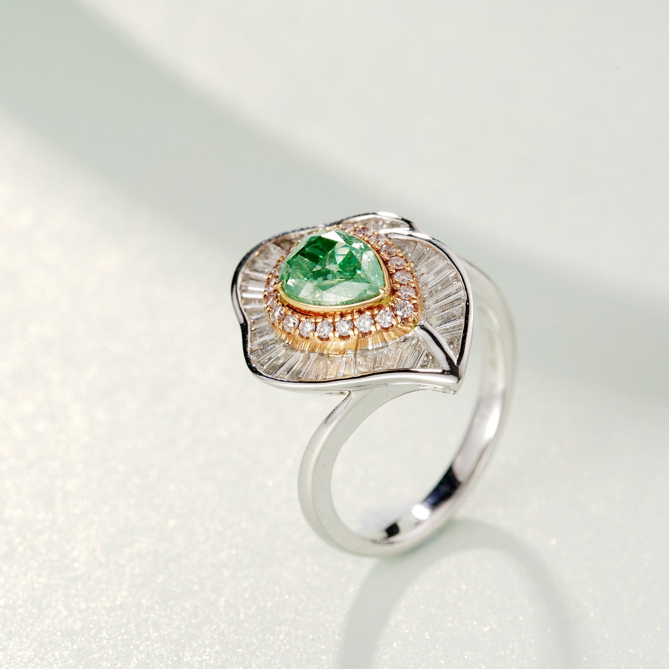 Emerald Cut Green Diamond Water Drop Leaf Ring - Fine Jewelry - Green Diamond Ring