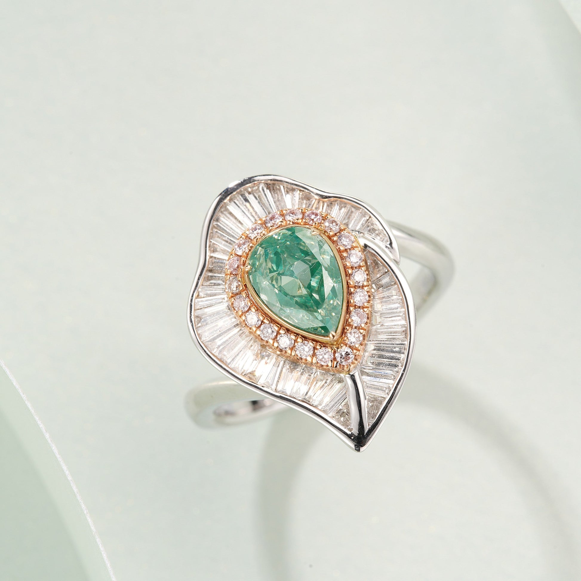 Emerald Cut Green Diamond Water Drop Leaf Ring - Fine Jewelry - Green Diamond Ring