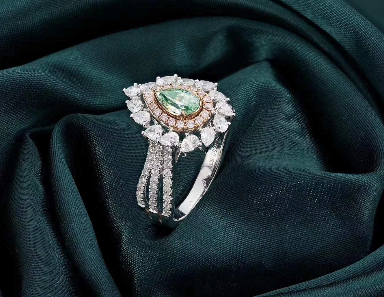 Emerald Green Diamond Drop Ring - Luxury Jewelry Collection - Green Diamond Ring