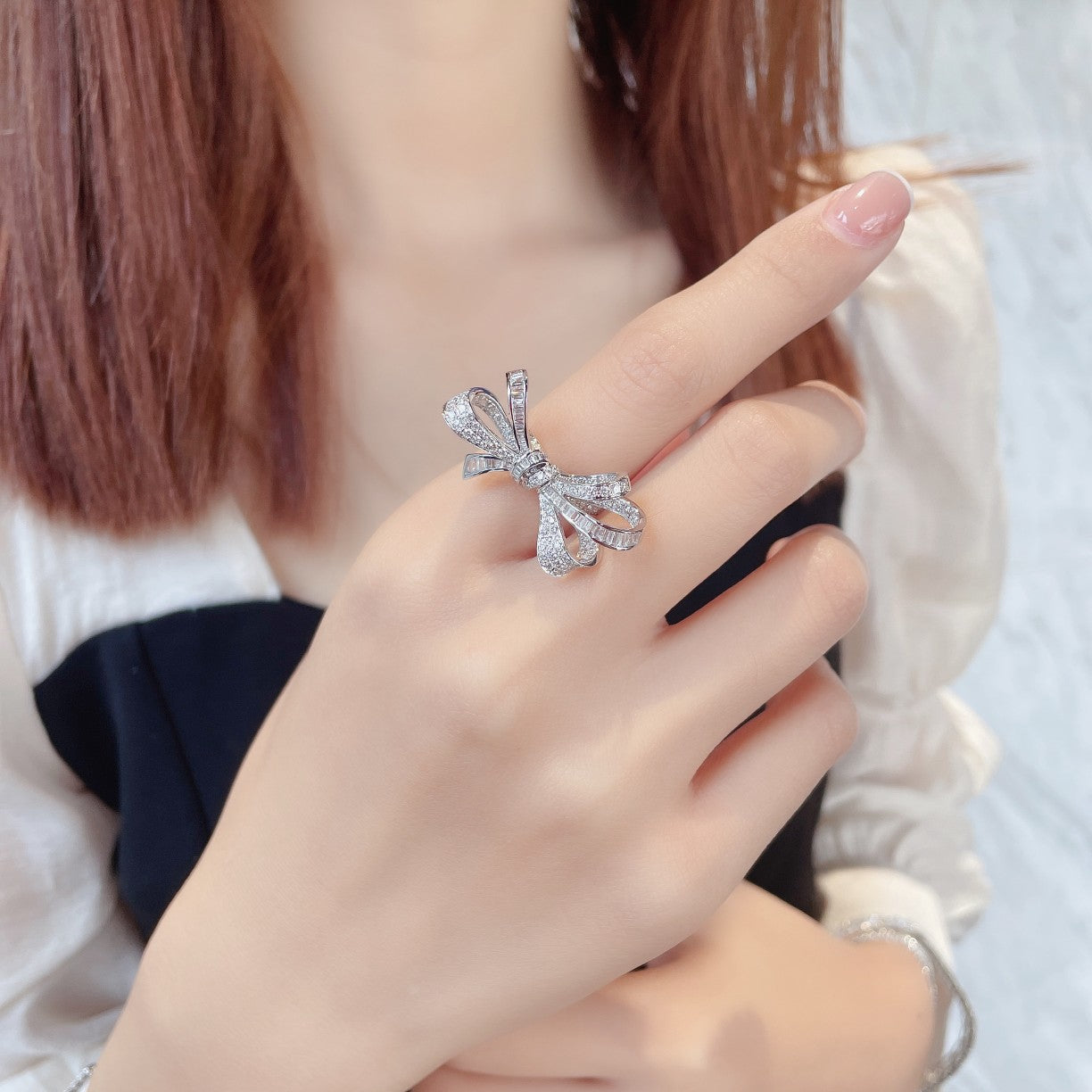 Enchanting Tiered Bowknot Ring in Jewelry Collection - White Diamond Ring