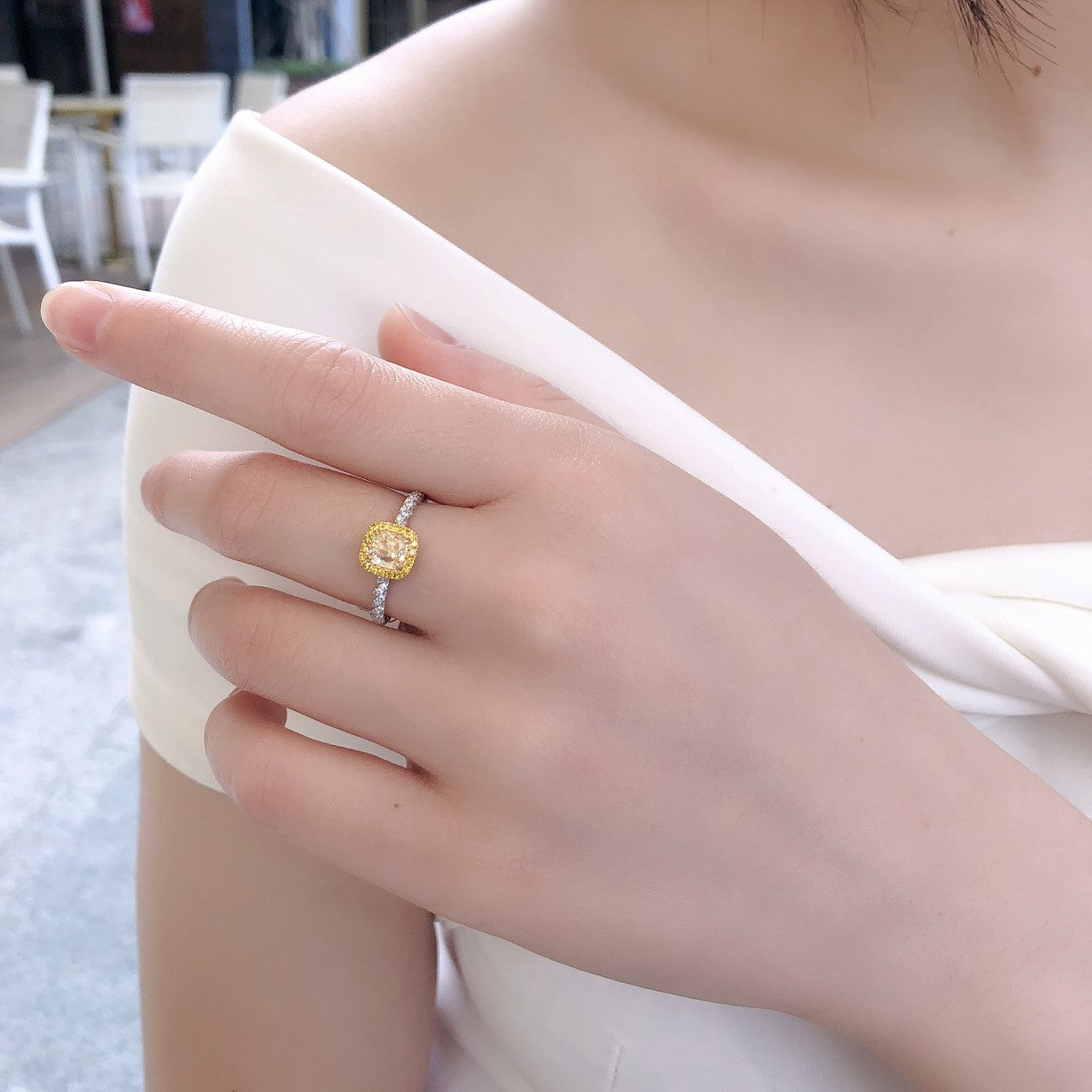 Exquisite Clara Yellow Diamond Cushion Halo Twist Arm Ring - Luxury Jewelry - Yellow Diamond Ring