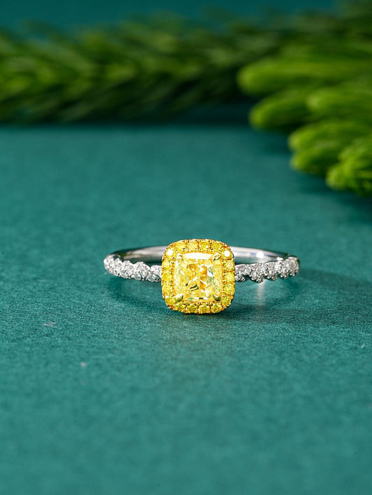 Exquisite Clara Yellow Diamond Cushion Halo Twist Arm Ring - Luxury Jewelry - Yellow Diamond Ring