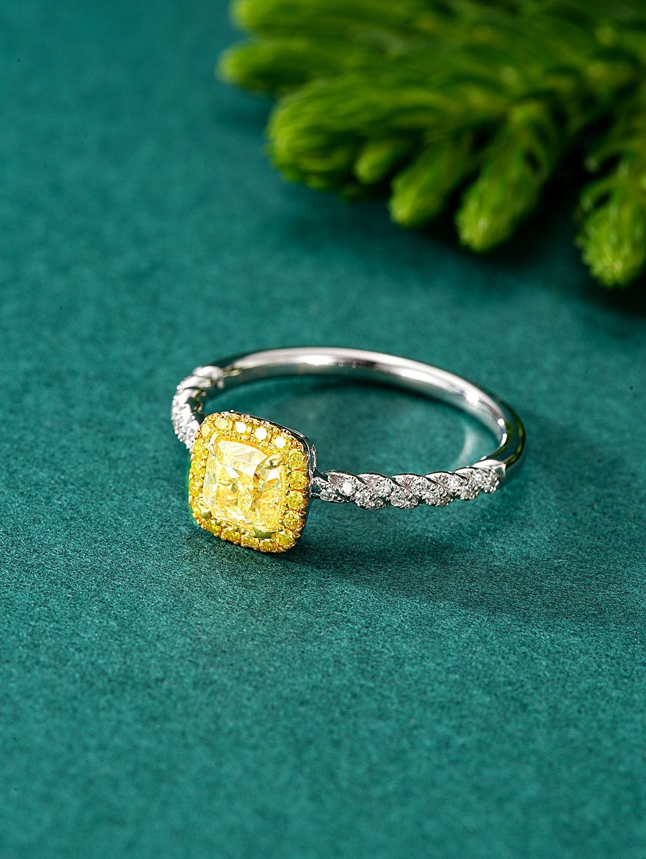 Exquisite Clara Yellow Diamond Cushion Halo Twist Arm Ring - Luxury Jewelry - Yellow Diamond Ring