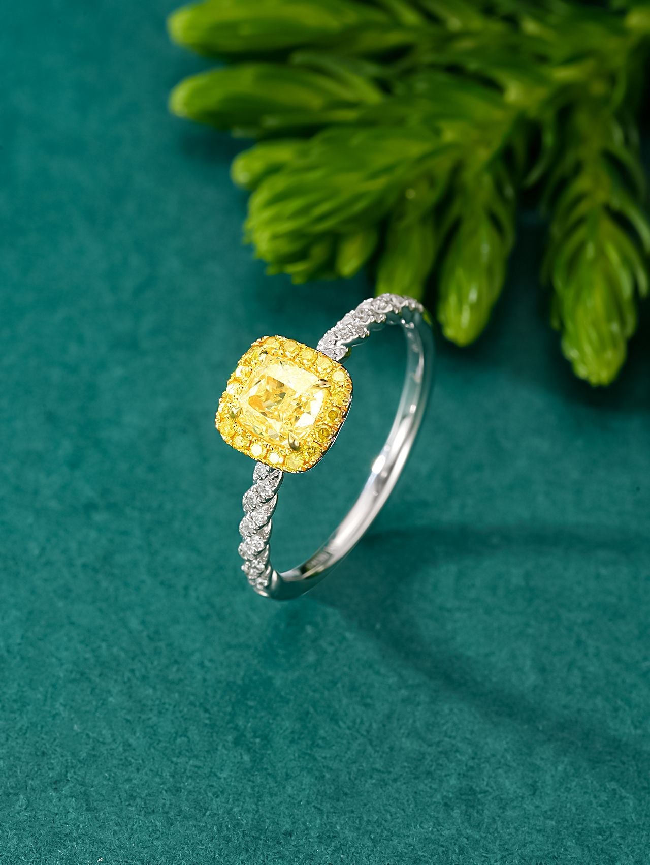 Exquisite Clara Yellow Diamond Cushion Halo Twist Arm Ring - Luxury Jewelry - Yellow Diamond Ring