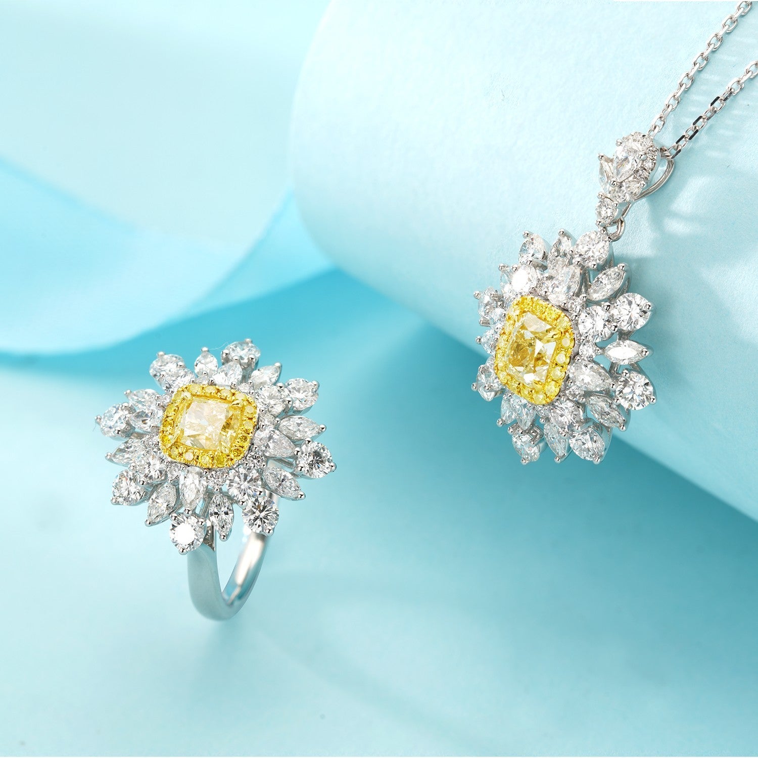 Exquisite Cushion Marquise Round Diamond Ring with克拉Yellow Diamond - Premium Jewelry - Yellow Diamond Set System