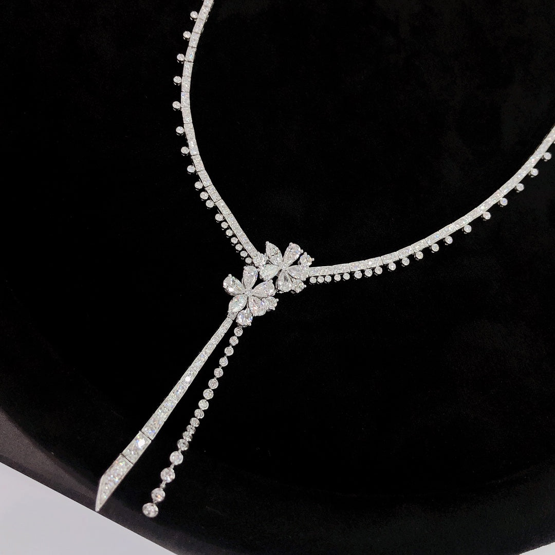 Exquisite Double Five-Flower Round Diamond Pendant Set - White Diamond Necklace