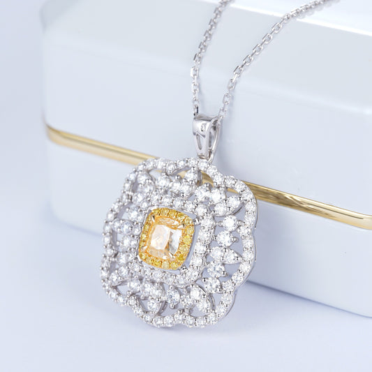 Exquisite Hollowed-out Yellow Diamond Cushion Pendant Jewelry - Yellow Diamond Pendant