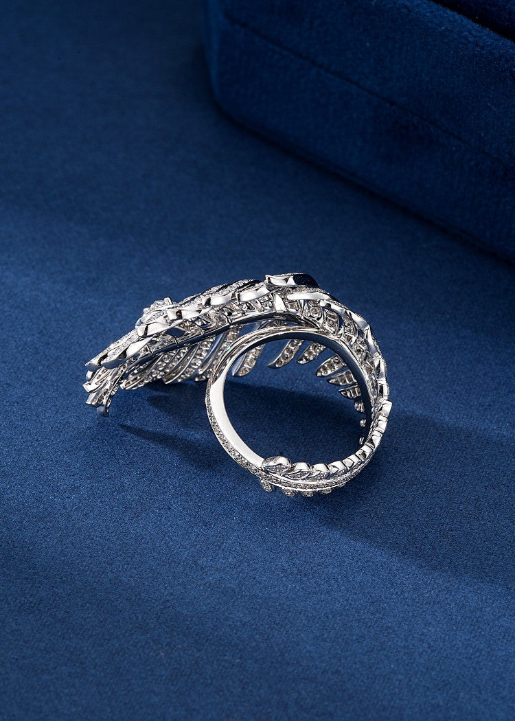 Feather Ring with Diamond Accent - Unique Jewelry Piece - White Diamond Ring