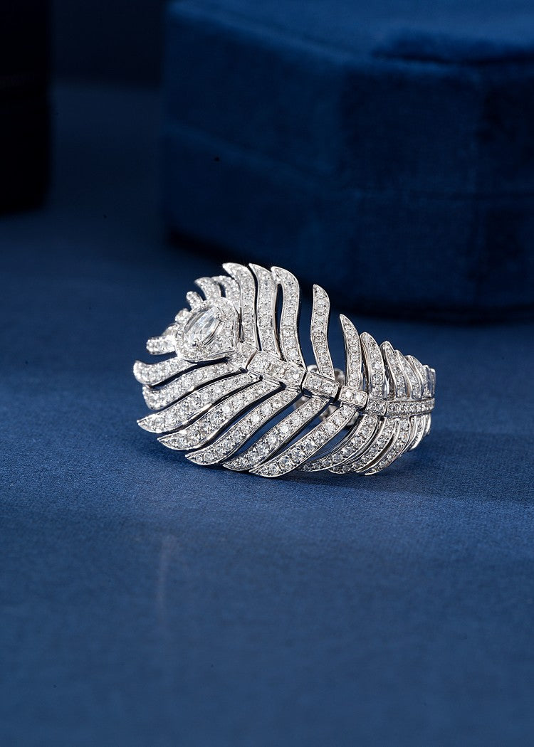 Feather Ring with Diamond Accent - Unique Jewelry Piece - White Diamond Ring