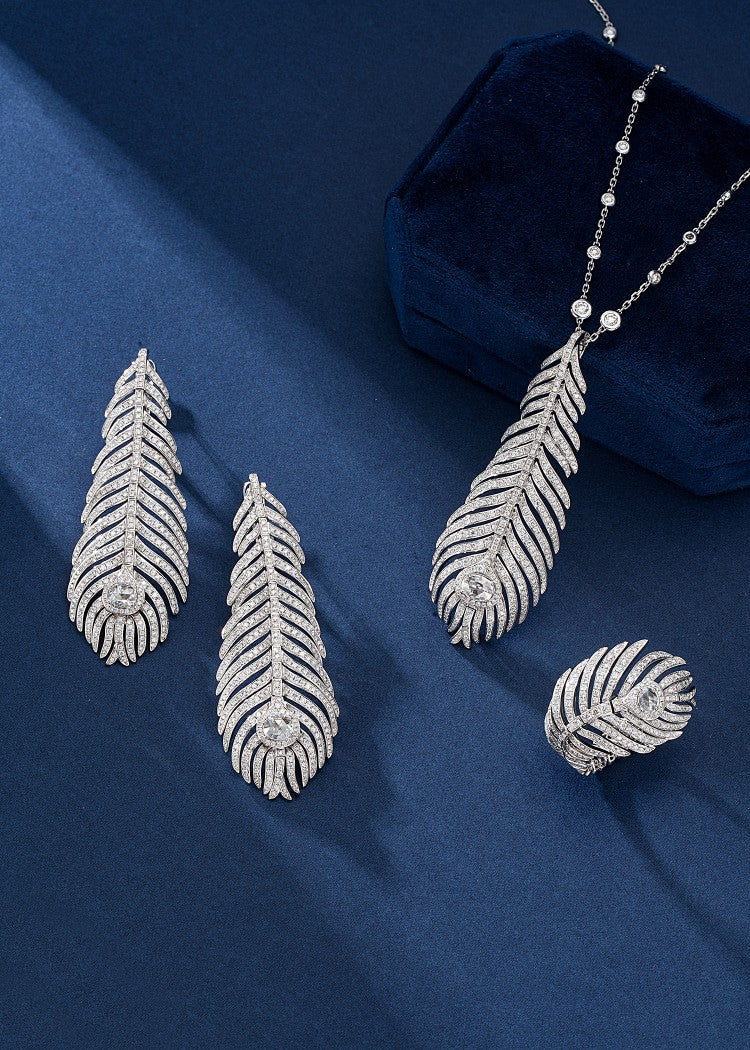 Feather Series Jewelry Set: Earrings & Ring - White Diamond Set System