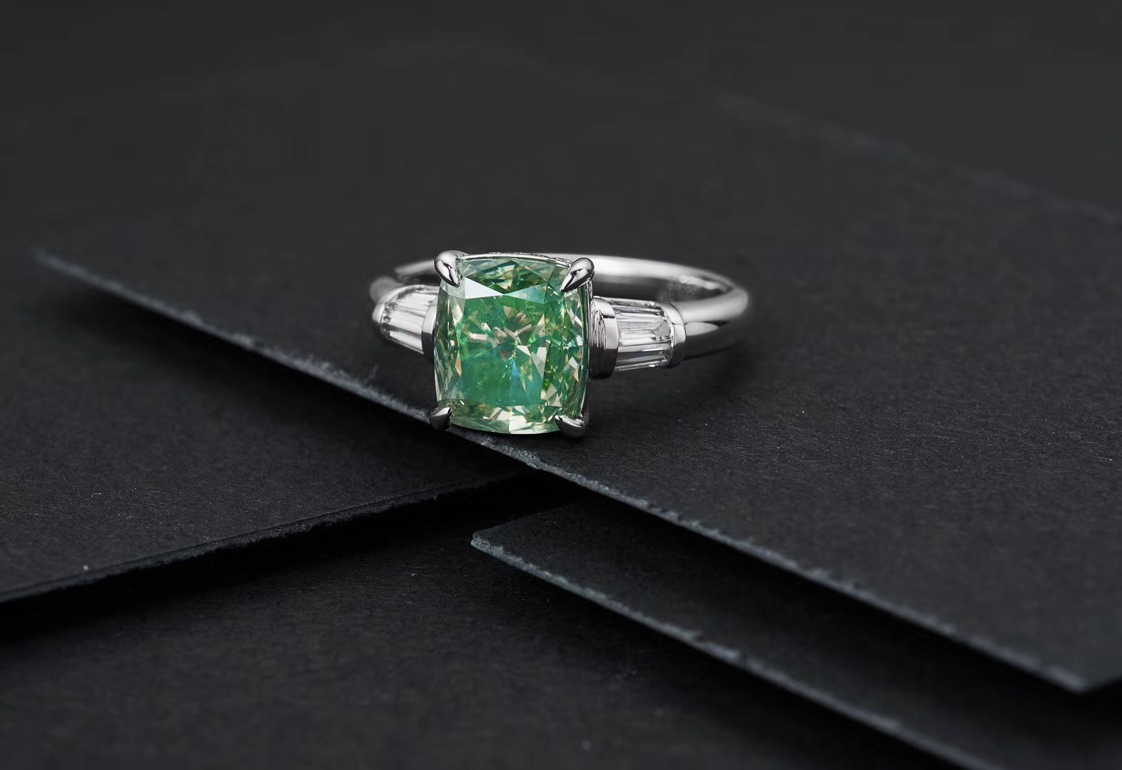 GIA Certified Green Diamond Cushion Cut Ring - Exquisite Jewelry Piece - Green Diamond Ring