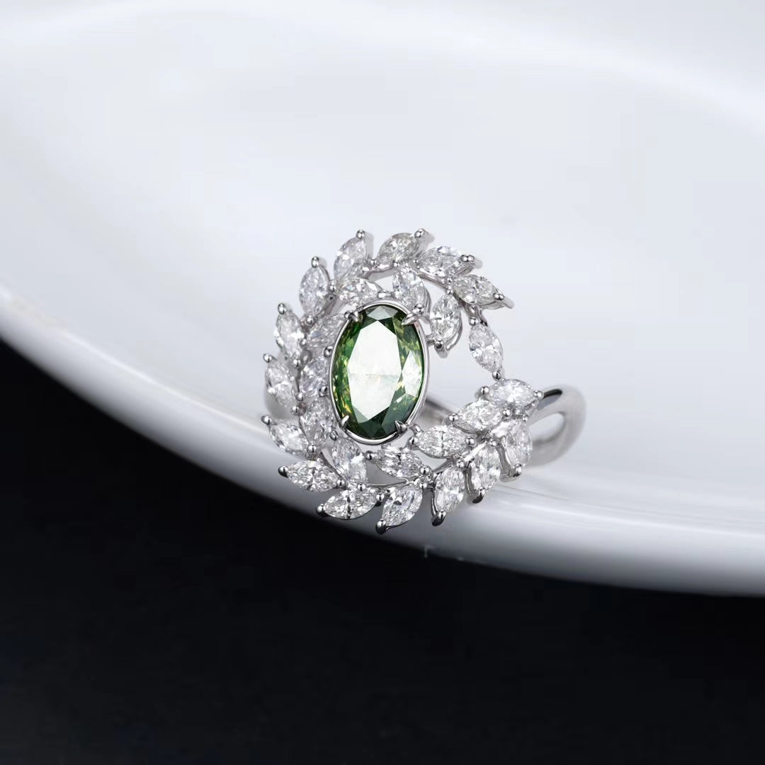 GIA Certified Green Diamond Peridot Leaf Ring - Luxury Jewelry - Green Diamond Ring