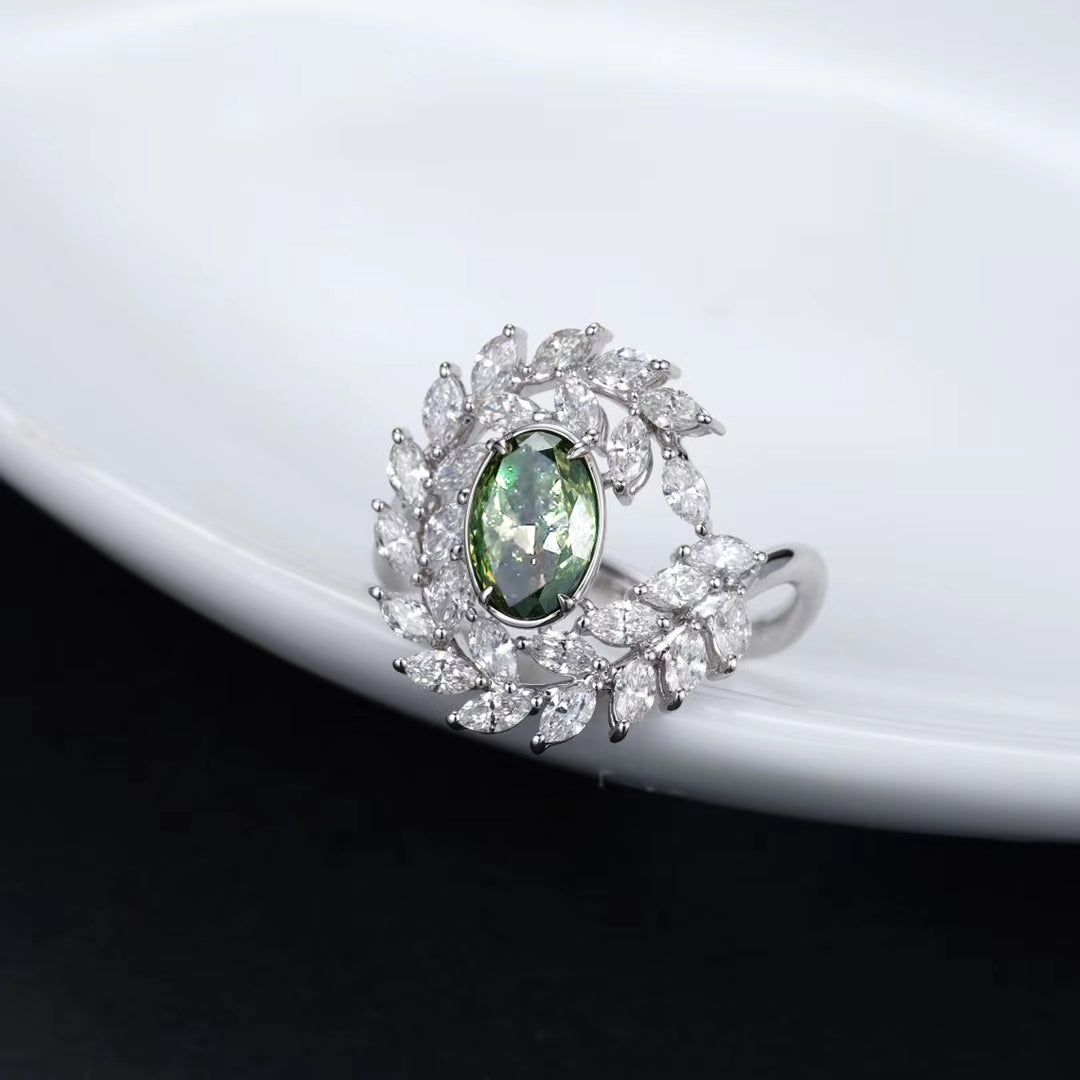 GIA Certified Green Diamond Peridot Leaf Ring - Luxury Jewelry - Green Diamond Ring