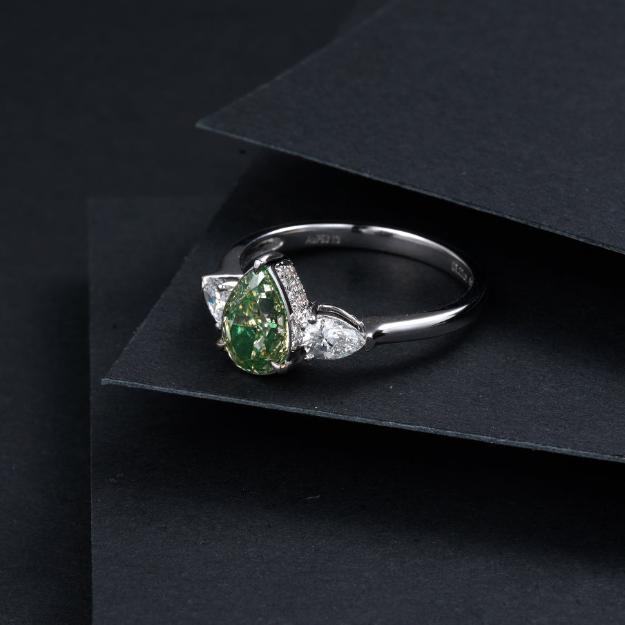 GIA Certified Green Diamond Three-Drop Ring - Luxurious Jewelry Collection - Green Diamond Ring