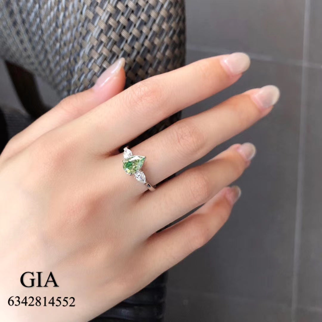 GIA Certified Green Diamond Three-Drop Ring - Luxurious Jewelry Collection - Green Diamond Ring