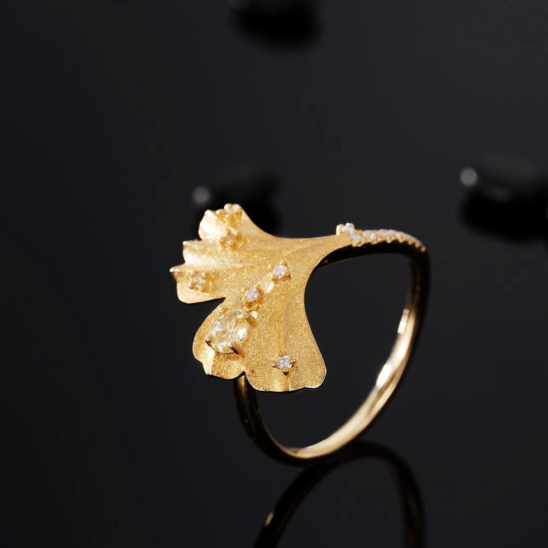 Ginkgo Leaf Ring - Elegant and Unique Jewelry Piece - Yellow Diamond Ring