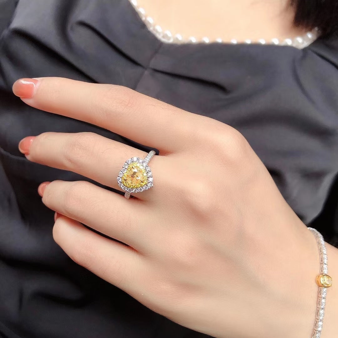 Heart-shaped Diamond Ring with 1.000ct Center Stone - Premium Jewelry - Yellow Diamond Ring