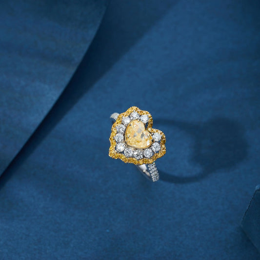 Heart-Shaped Diamond Ring with Central Yellow Diamond - Premium Jewelry - Yellow Diamond Ring